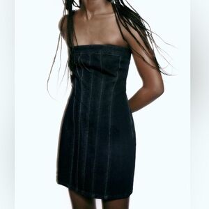 Zara Black Strapless Corseted denim side zippered Dress size xs